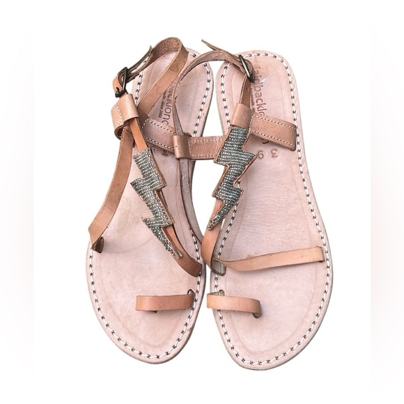 Laidback London handmade tan leather silver beaded lighting bolt sandals boho - Picture 1 of 8